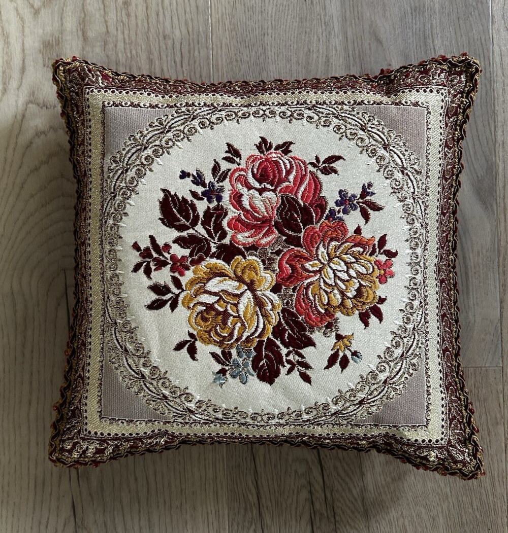Beaded Embroidered Floral Rose Square Decorative Throw Pillow Red 11 x 11 in